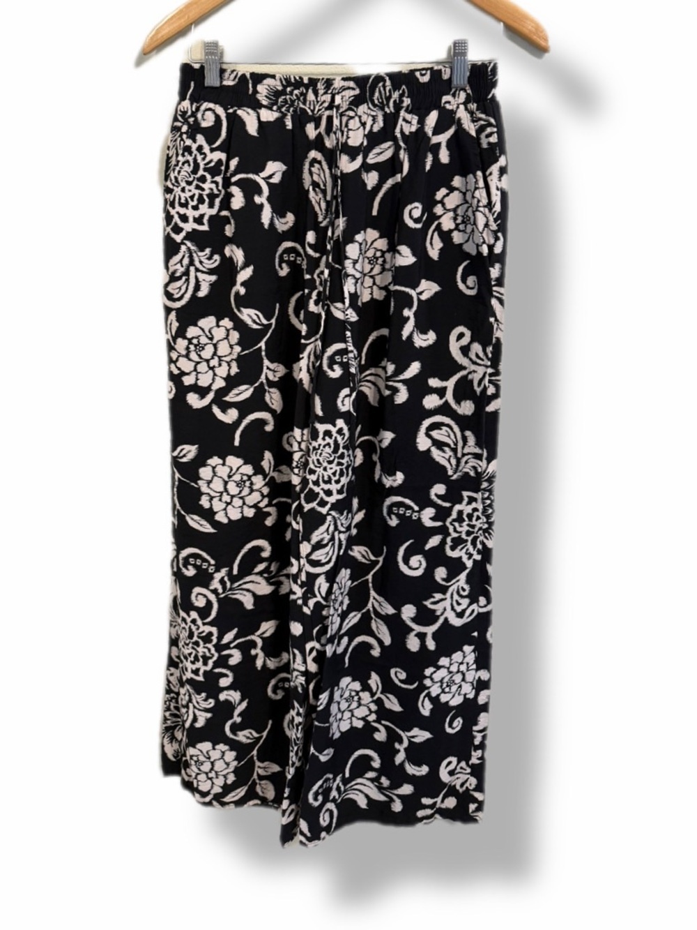 Black Ivory Floral Wide Leg Palazzo Pants Large Elastic Waist Pockets